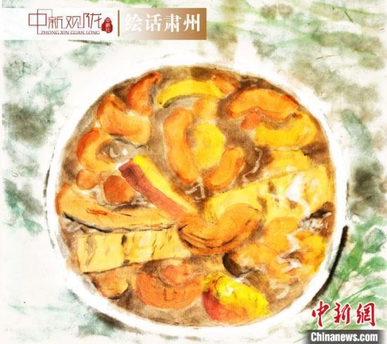 圖為酒泉美食“糊鍋”繪畫(huà)作品?！《排d彥 攝